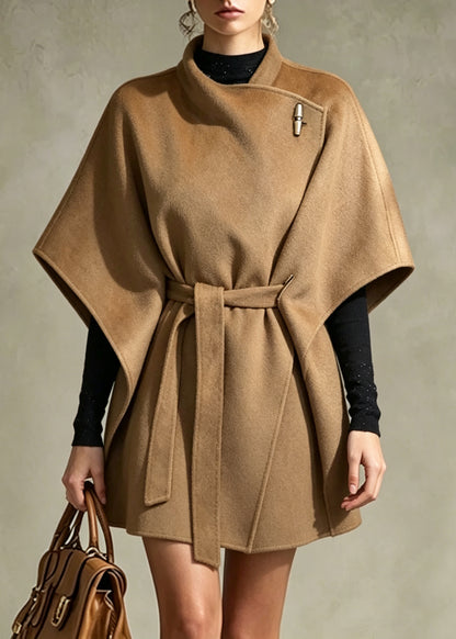 Elegant Khaki Tunic Woolen Coat Batwing Sleeve