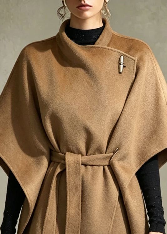 Elegant Khaki Tunic Woolen Coat Batwing Sleeve