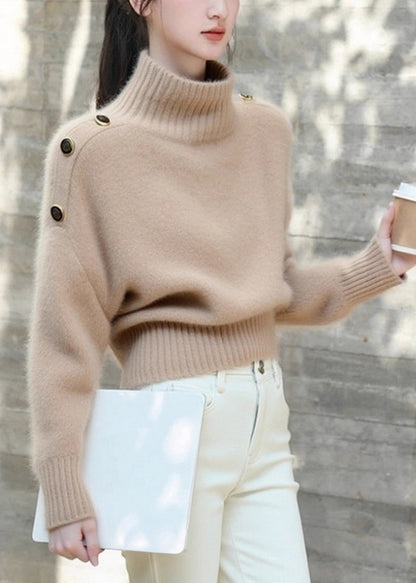 Elegant Khaki Turtleneck Cozy Knit Sweaters Winter