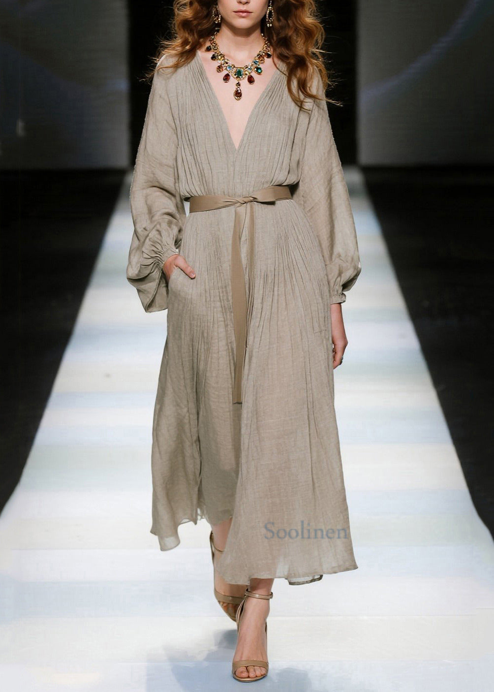 Elegant Khaki V Neck Tie Waist Cotton Long Dresses Spring