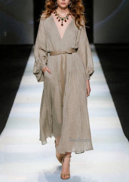 Elegant Khaki V Neck Tie Waist Cotton Long Dresses Spring