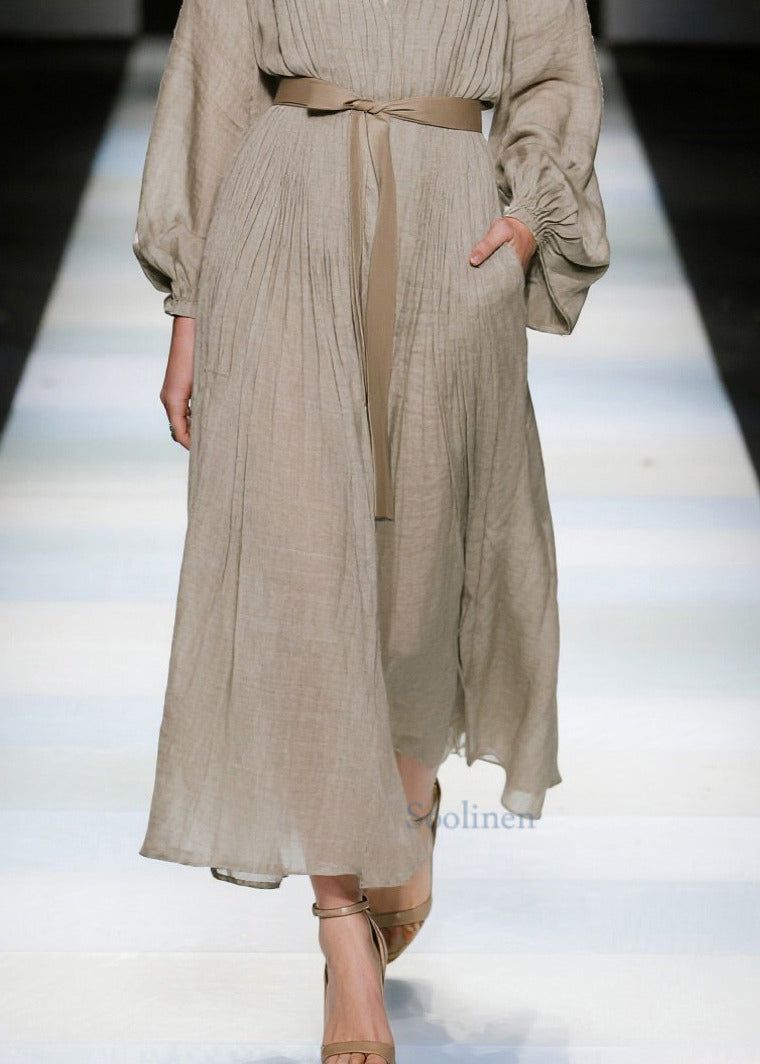 Elegant Khaki V Neck Tie Waist Cotton Long Dresses Spring