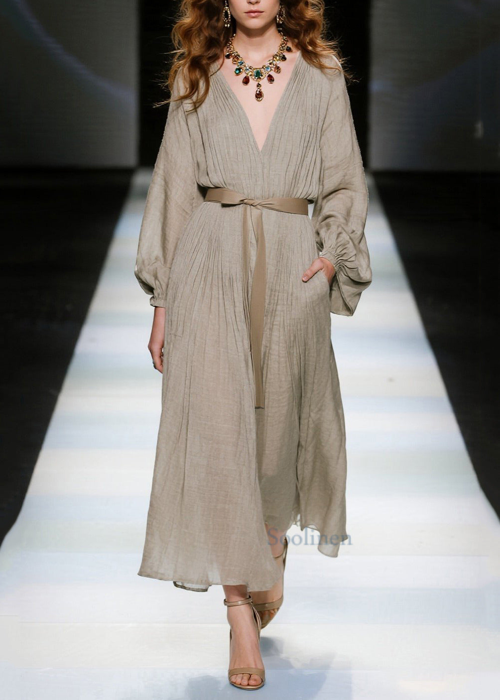 Elegant Khaki V Neck Tie Waist Cotton Long Dresses Spring