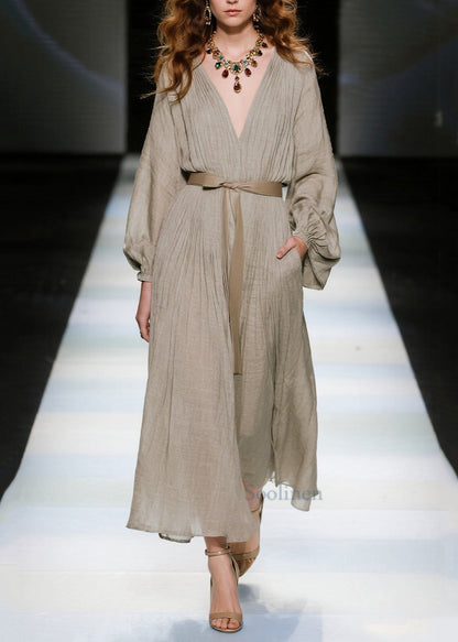 Elegant Khaki V Neck Tie Waist Cotton Long Dresses Spring