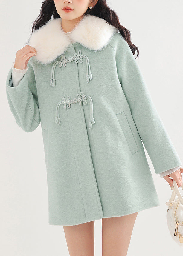 Elegant Lake Green Fur Collar Oversized Woolen Coat Winter