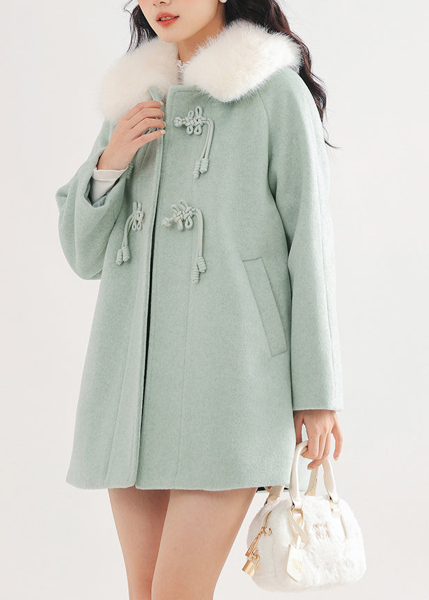 Elegant Lake Green Fur Collar Oversized Woolen Coat Winter