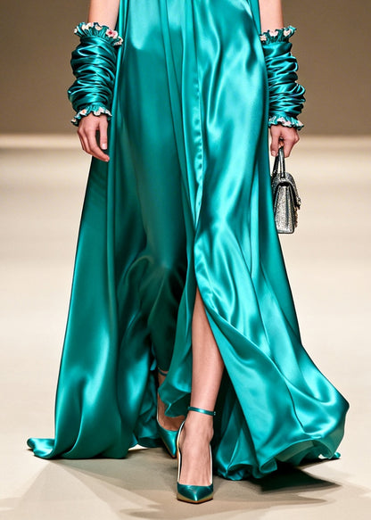 Elegant Lake Green V Neck Floral Silk Long Dresses Summer