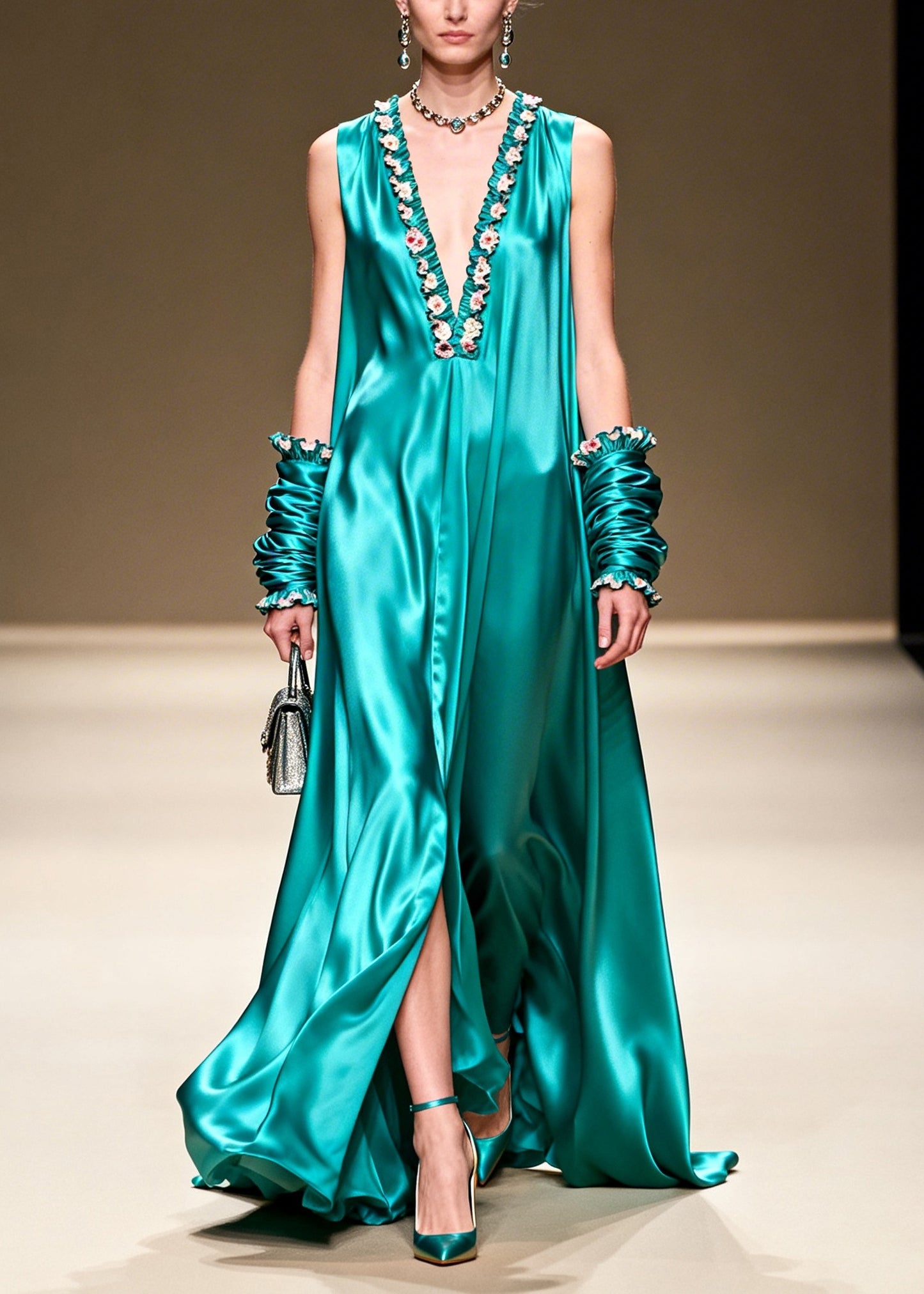 Elegant Lake Green V Neck Floral Silk Long Dresses Summer