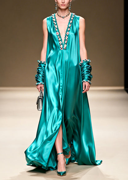 Elegant Lake Green V Neck Floral Silk Long Dresses Summer