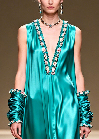 Elegant Lake Green V Neck Floral Silk Long Dresses Summer
