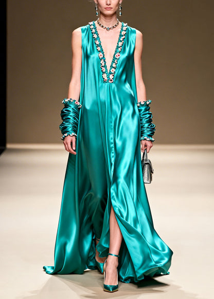 Elegant Lake Green V Neck Floral Silk Long Dresses Summer