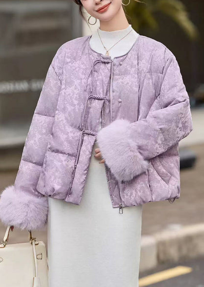 Elegant Lavender Chinese Button Jacquard Duck Down Down Coat Winter