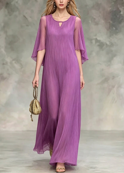 Elegant Lavender O Neck Silk Maxi Dress Summer