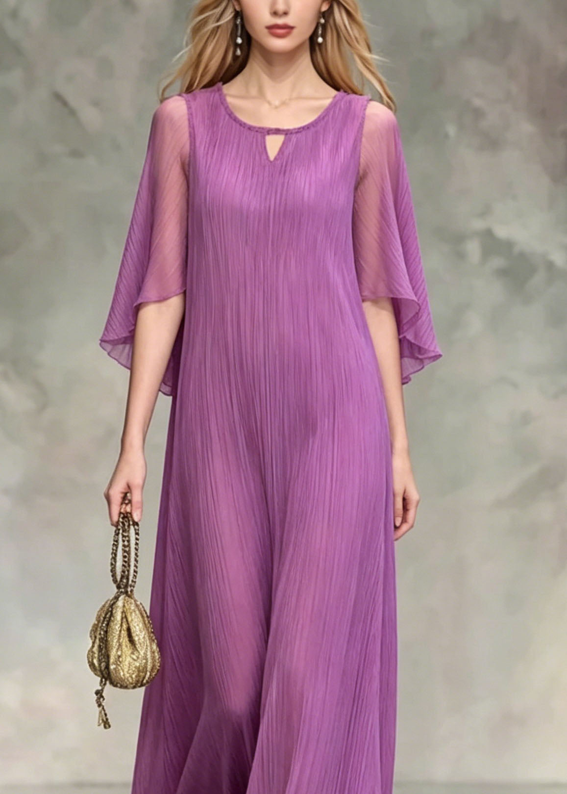 Elegant Lavender O Neck Silk Maxi Dress Summer