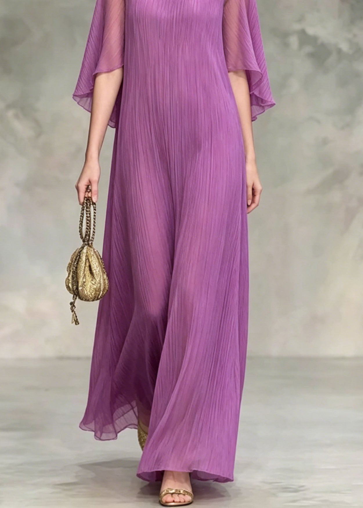 Elegant Lavender O Neck Silk Maxi Dress Summer