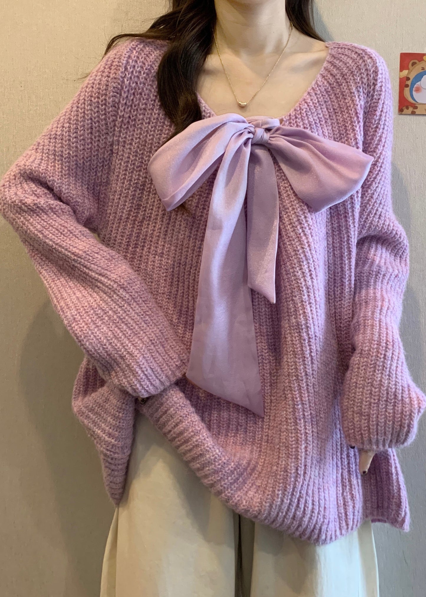 Elegant Lavender Oversized Bow Knit Cozy Sweaters Winter