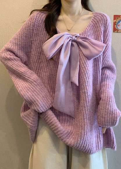 Elegant Lavender Oversized Bow Knit Cozy Sweaters Winter