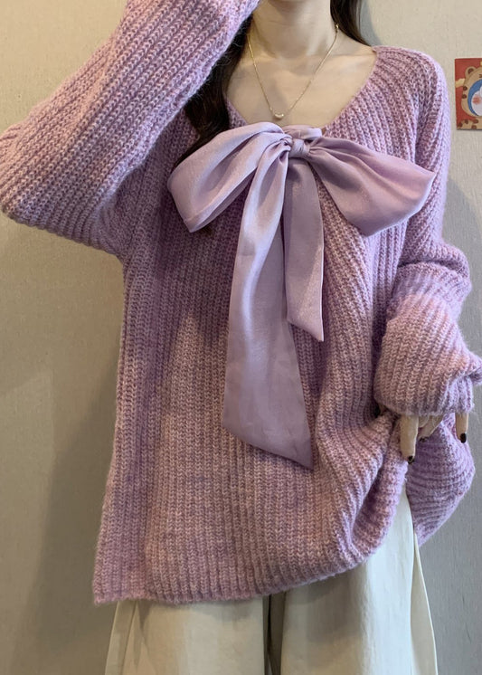 Elegant Lavender Oversized Bow Knit Cozy Sweaters Winter