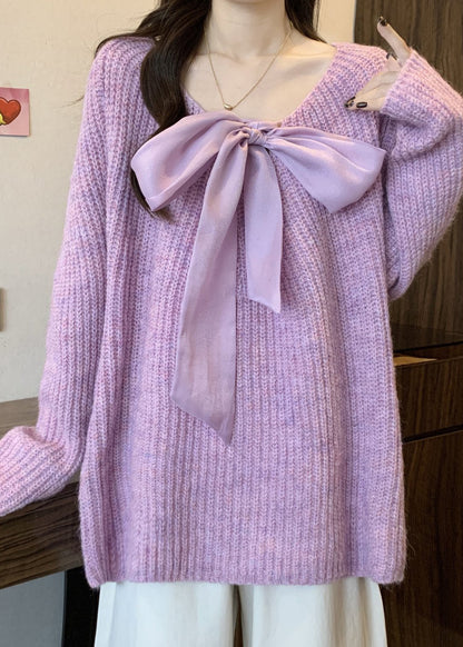Elegant Lavender Oversized Bow Knit Cozy Sweaters Winter