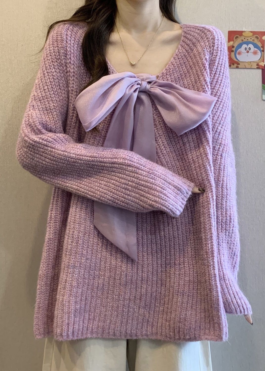 Elegant Lavender Oversized Bow Knit Cozy Sweaters Winter