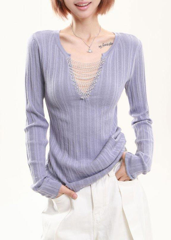 Elegant Lavender Tasseled Patchwork Knit Tops Spring