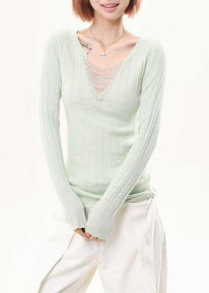 Elegant Lavender Tasseled Patchwork Knit Tops Spring