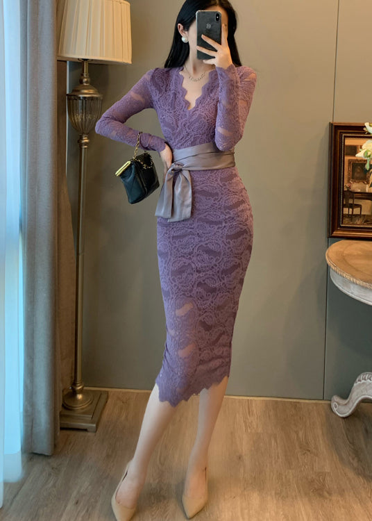 Elegant Lavender V Neck Tie Waist Lace Party Dresses Summer