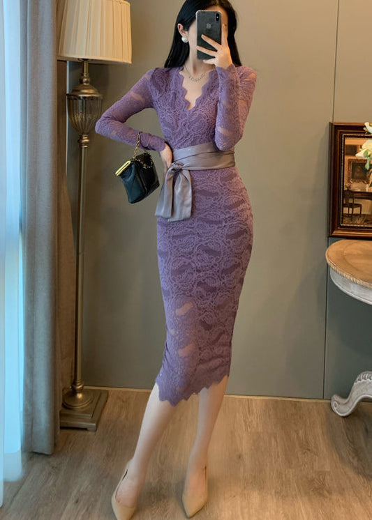 Elegant Lavender V Neck Tie Waist Lace Party Dresses Summer