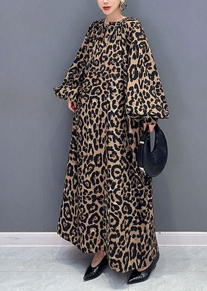 Elegant Leopard Print O-Neck Long Dress Long Sleeve