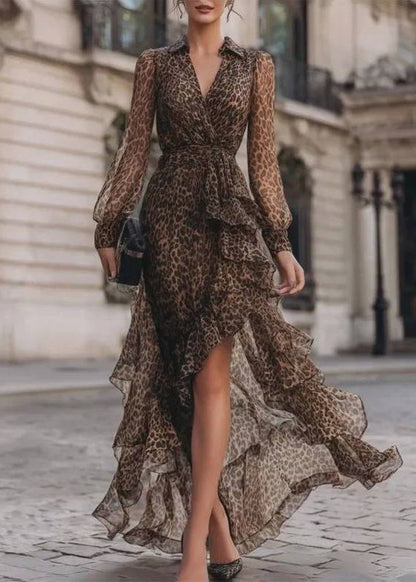 Elegant Leopard Ruffled Patchwork Asymmetrical Holiday Maxi Dress Long Sleeve