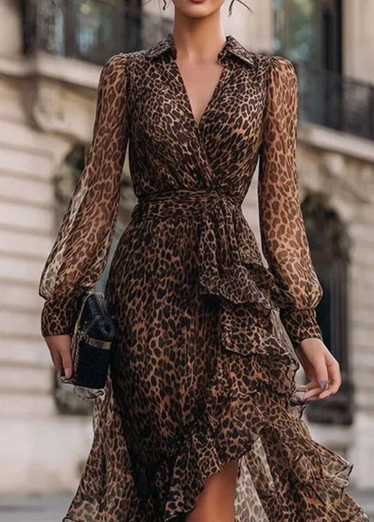 Elegant Leopard Ruffled Patchwork Asymmetrical Holiday Maxi Dress Long Sleeve