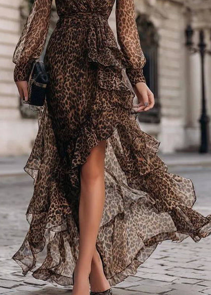 Elegant Leopard Ruffled Patchwork Asymmetrical Holiday Maxi Dress Long Sleeve