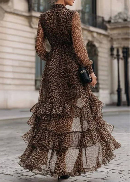Elegant Leopard Ruffled Patchwork Asymmetrical Holiday Maxi Dress Long Sleeve