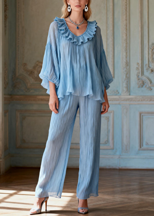 Elegant Light Blue O-Neck Love Heart Ruffled Solid Two Pieces Set Lantern Sleeve