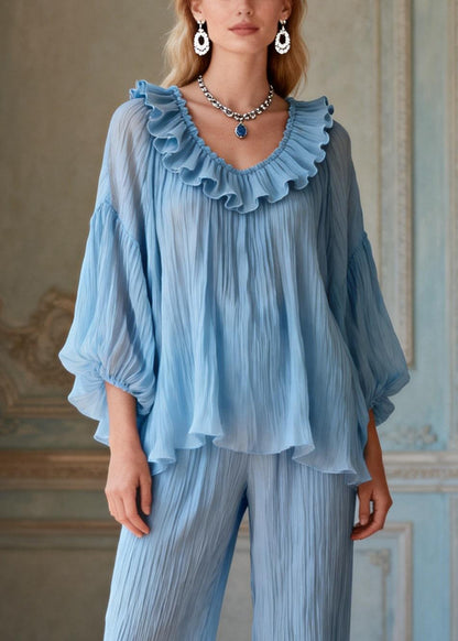Elegant Light Blue O-Neck Love Heart Ruffled Solid Two Pieces Set Lantern Sleeve