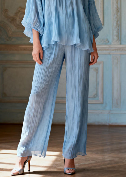 Elegant Light Blue O-Neck Love Heart Ruffled Solid Two Pieces Set Lantern Sleeve