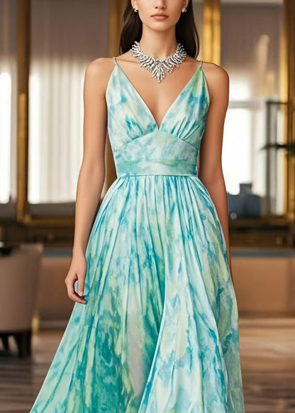 Elegant Light Blue Print Exra Large Hem Chiffon Cami Dresses Summer