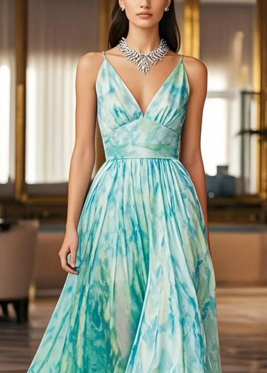 Elegant Light Blue Print Exra Large Hem Chiffon Cami Dresses Summer