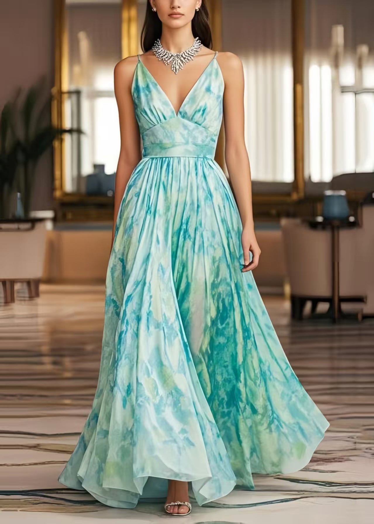 Elegant Light Blue Print Exra Large Hem Chiffon Cami Dresses Summer