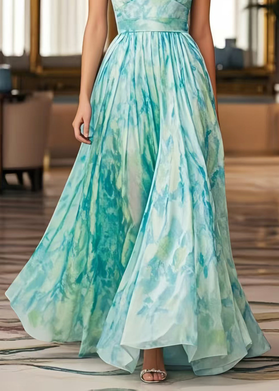 Elegant Light Blue Print Exra Large Hem Chiffon Cami Dresses Summer