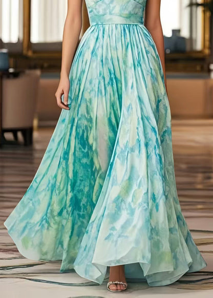 Elegant Light Blue Print Exra Large Hem Chiffon Cami Dresses Summer