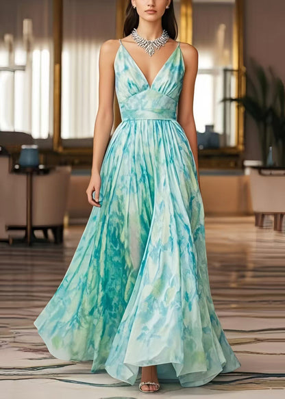 Elegant Light Blue Print Exra Large Hem Chiffon Cami Dresses Summer