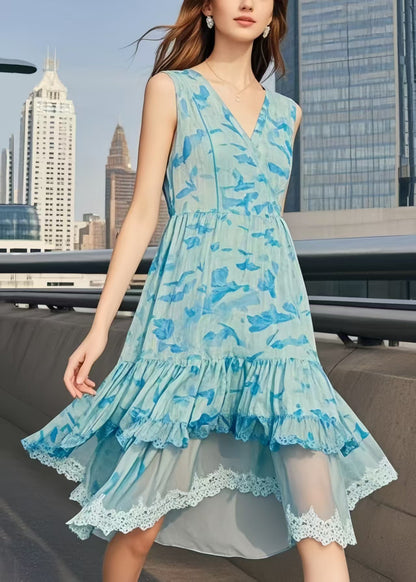 Elegant Light Blue Print Patchwork Chiffon Day Dresses Sleeveless