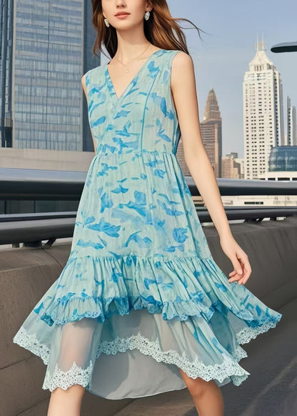 Elegant Light Blue Print Patchwork Chiffon Day Dresses Sleeveless