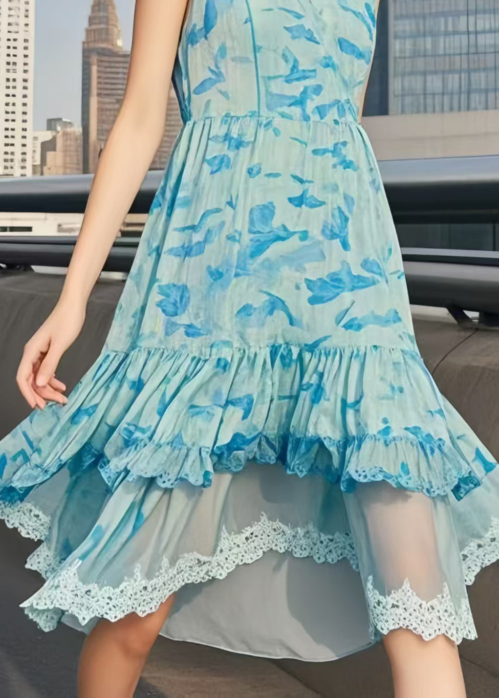 Elegant Light Blue Print Patchwork Chiffon Day Dresses Sleeveless