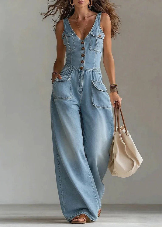 Elegant Light Blue V Neck Pockets Denim Overalls Jumpsuit Summer