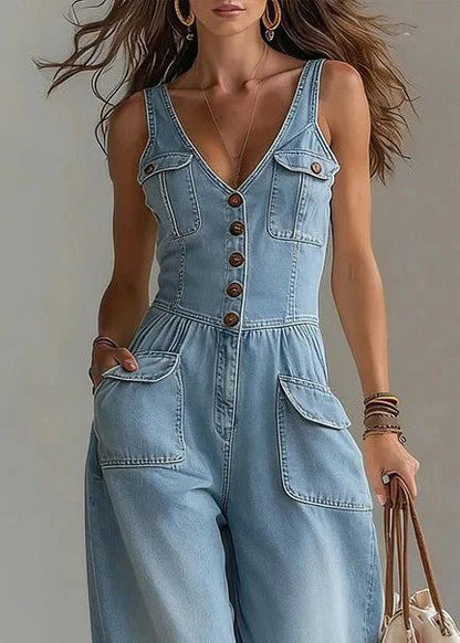 Elegant Light Blue V Neck Pockets Denim Overalls Jumpsuit Summer