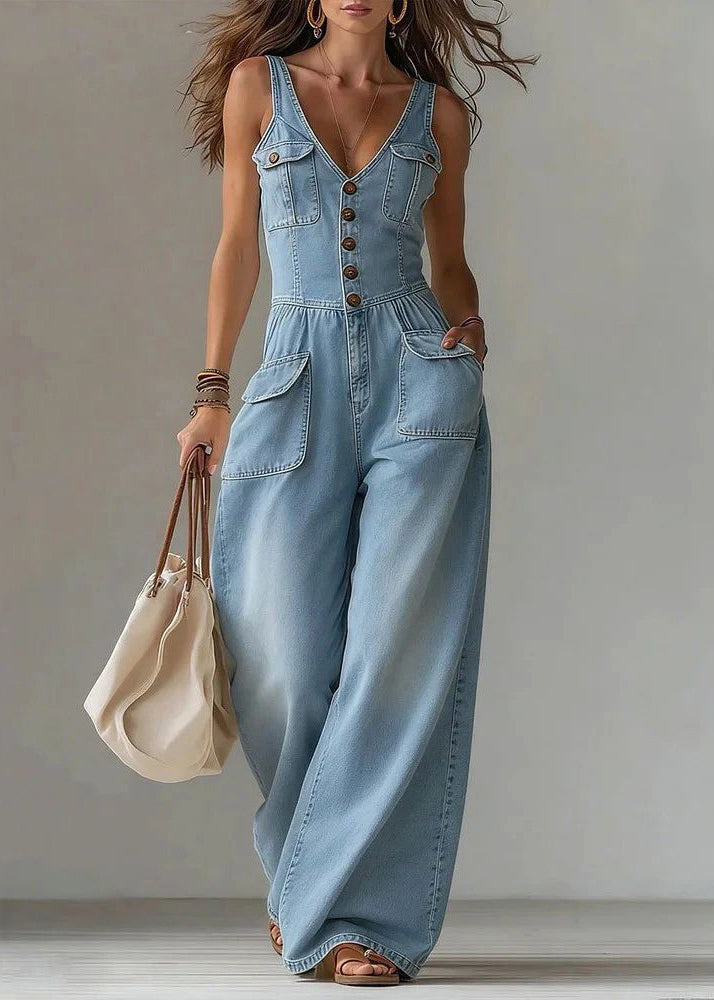 Elegant Light Blue V Neck Pockets Denim Overalls Jumpsuit Summer