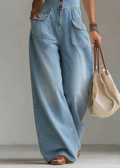 Elegant Light Blue V Neck Pockets Denim Overalls Jumpsuit Summer