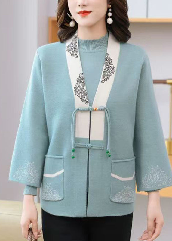 Elegant Light Blue V Neck Print Tassel Cotton Knit Cardigans And Sweaters Two Pieces Set Spring